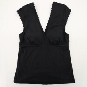 Lands End Tankini Top Black Scalloped Edge Cap Sleeve V Neck Minimal Size 14L